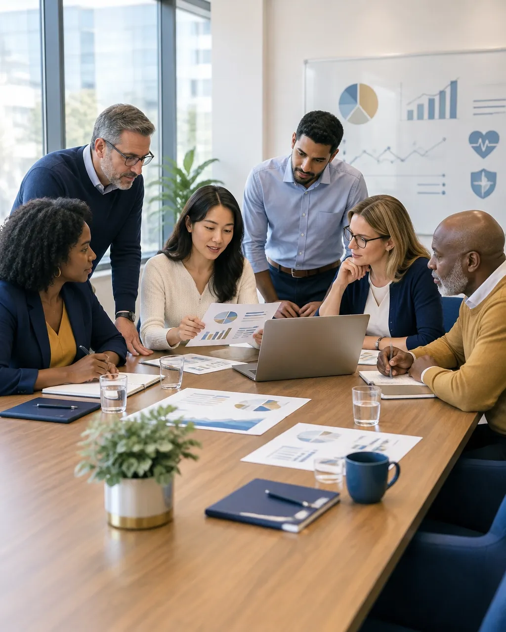 Six colleagues discussing health insurance numbers around a conference room table