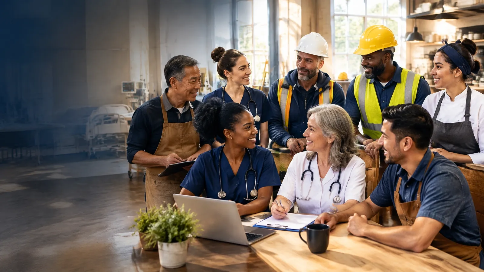 A diverse workforce of nurses, construction workers, and restaurant staff